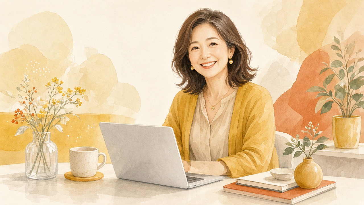 60代の女性が、落ち着いた表情でノートパソコンに向かっているイラスト