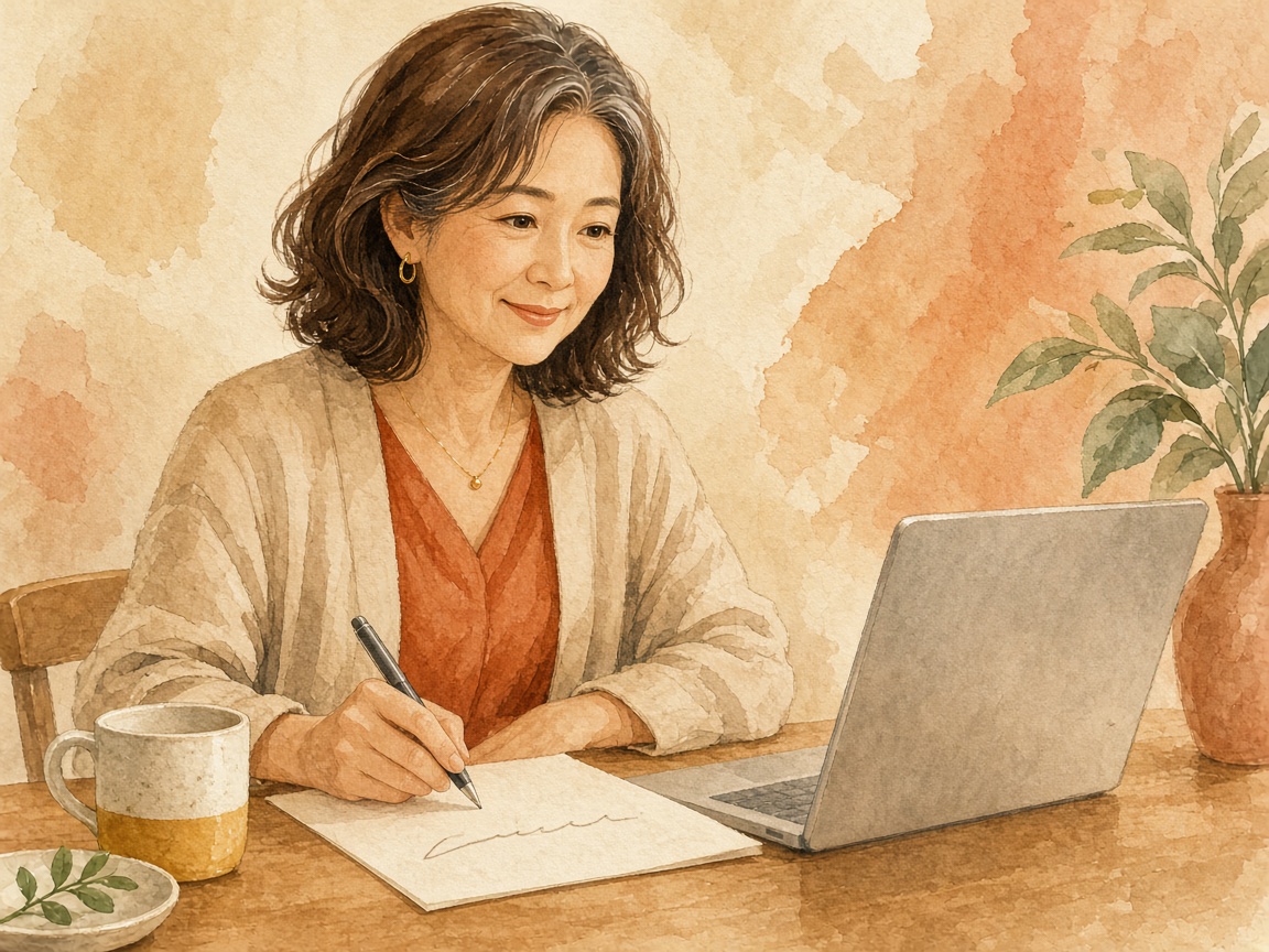 黒い画面の前に、一文をノートに書いているイラスト