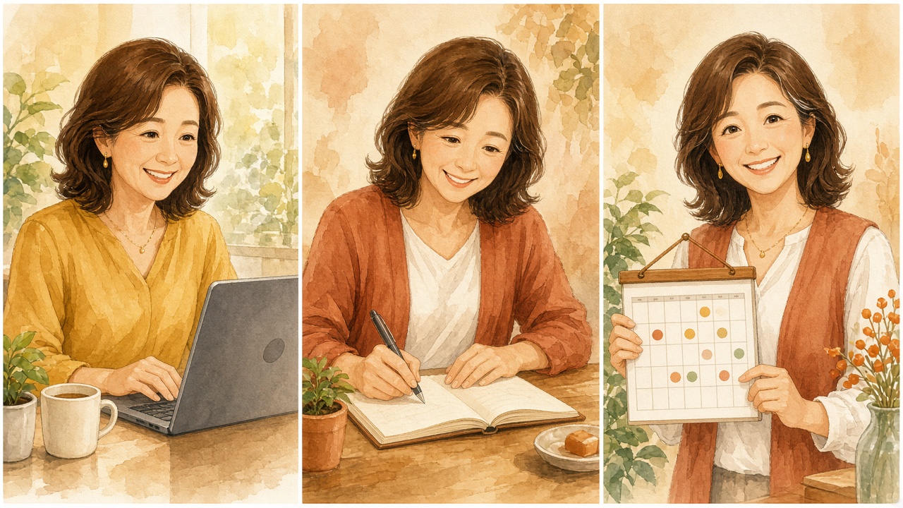 相棒と決める、一文を残す、週一で続ける三つの順番を示すイラスト