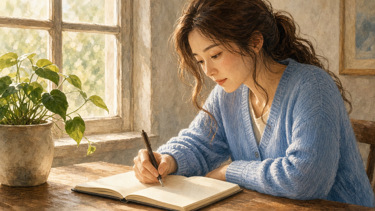 窓辺でノートに向かう、60代の女性のイラスト
