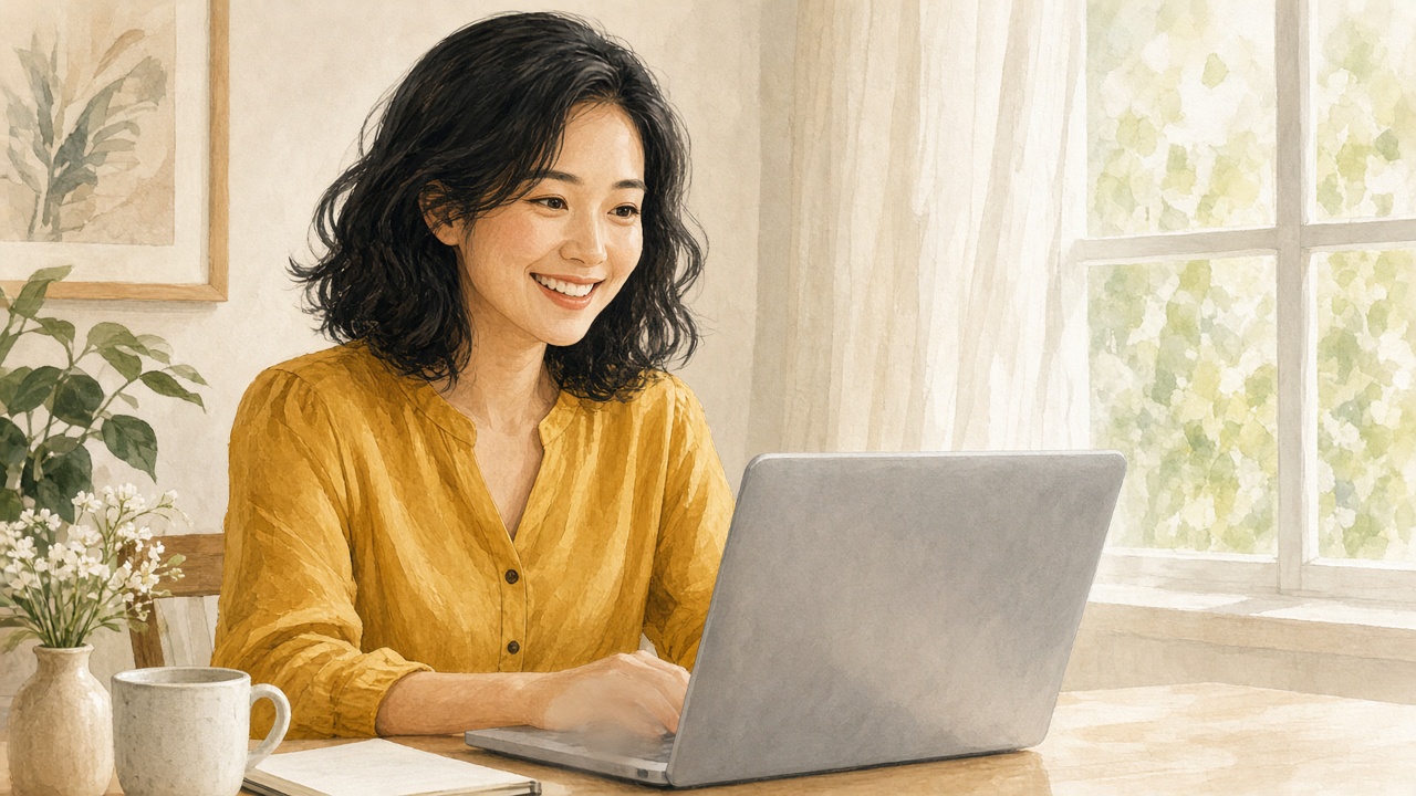 公式サイトの画面を見ている、若々しい女性のイラスト